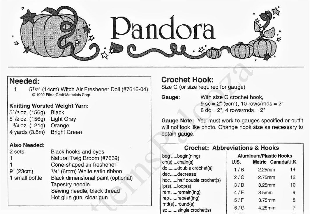 Vintage Crochet Pattern Halloween Witch Air Freshener Bed Doll Pumpkin Dress PDF Instant Digital Download Pandora 10 Ply
