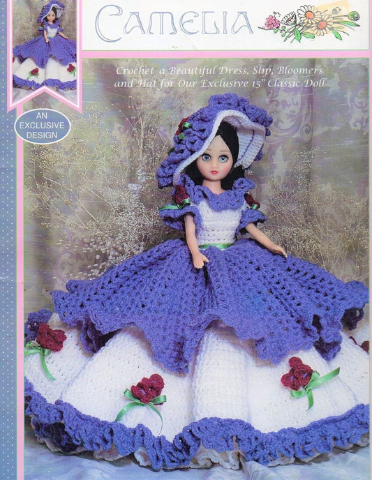 Vintage Crochet Pattern Camelia Outfit For an 15 inch Doll PDF Instant Digital Download Floral Dress Hat Bloomers Fashion Bed Doll 10 Ply