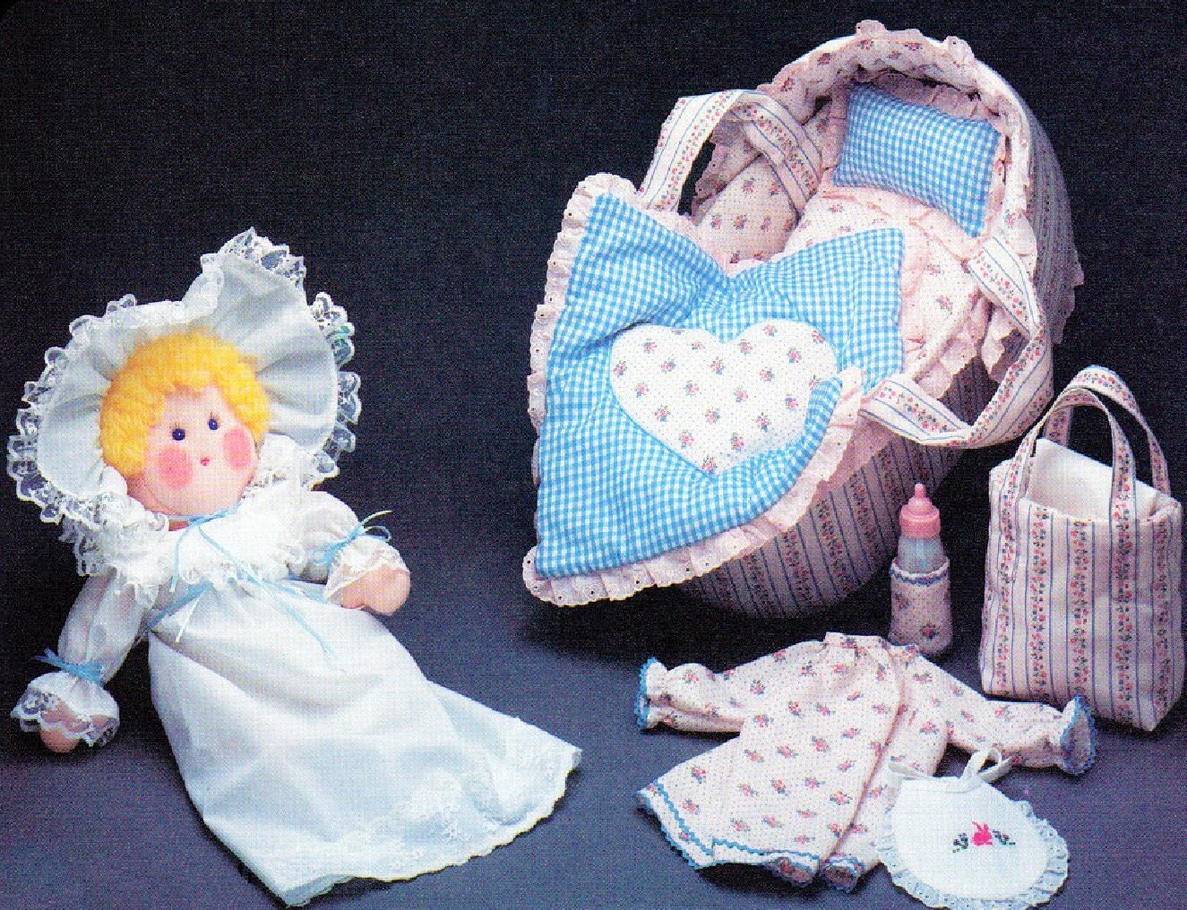 Vintage Sewing Pattern 15" Fabric Baby Soft Sculpture Toy Doll and Layette Moses Basket Bed and Accessories PDF Instant Digital Download