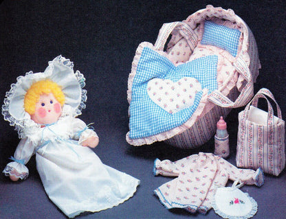 Vintage Sewing Pattern 15" Fabric Baby Soft Sculpture Toy Doll and Layette Moses Basket Bed and Accessories PDF Instant Digital Download