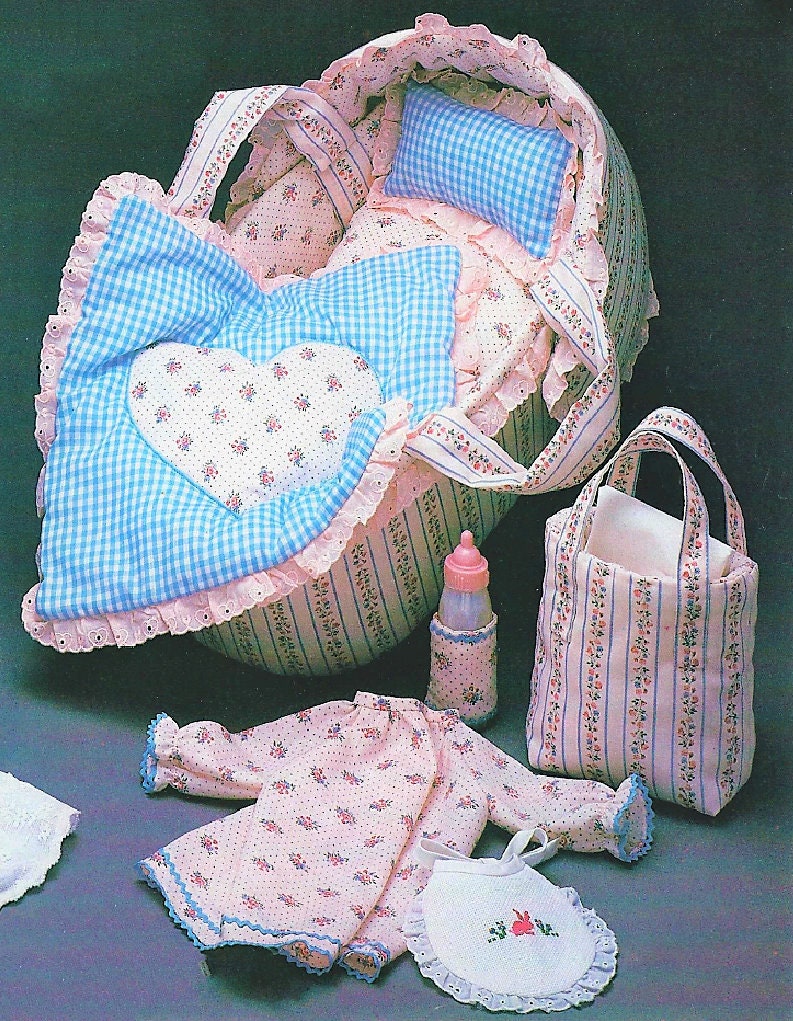 Vintage Sewing Pattern 15" Fabric Baby Soft Sculpture Toy Doll and Layette Moses Basket Bed and Accessories PDF Instant Digital Download