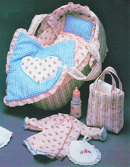 Vintage Sewing Pattern 15" Fabric Baby Soft Sculpture Toy Doll and Layette Moses Basket Bed and Accessories PDF Instant Digital Download