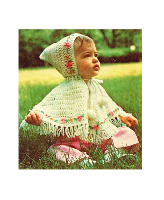 Vintage Crochet Precious Baby Girl Poncho with Hood Pattern Embroidered Flowers PDF Instant Digital Download Retro Hooded Girls Cape 12-18m