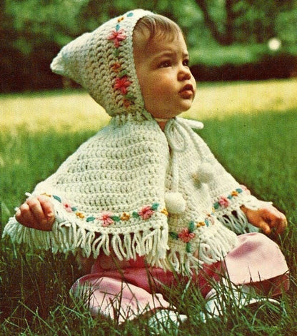 Vintage Crochet Precious Baby Girl Poncho with Hood Pattern Embroidered Flowers PDF Instant Digital Download Retro Hooded Girls Cape 12-18m