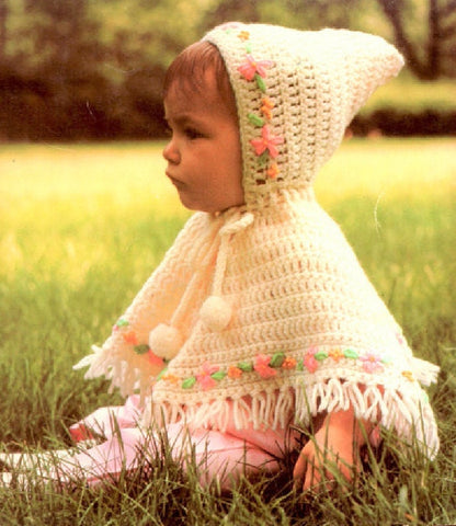 Vintage Crochet Precious Baby Girl Poncho with Hood Pattern Embroidered Flowers PDF Instant Digital Download Retro Hooded Girls Cape 12-18m
