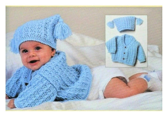 Vintage Crochet Pattern Baby Cabled Cardigan Sweater and Tasseled Hat Set PDF Instant Digital Download Cable Twist 6-12m 5 Ply