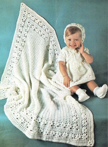 Vintage 60s Crochet Pattern Baby Crocheted Shawl Dress & Bonnet Set PDF Instant Digital Download Lacy Daisy Design Christening Baptism 0-9m