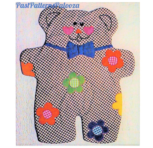 Vintage Sewing Pattern Gingham Teddy Bear Shaped Baby Quilt or Wall Hanging PDF Instant Digital Download Applique Flowers Bear Blanket