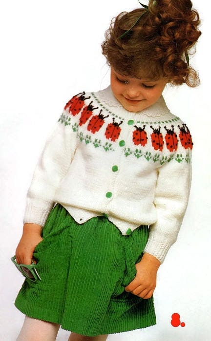 Vintage Baby Toddler Kids Knit Ladybug Sweater Knitting Pattern PDF Instant Digital Download Retro Ladybug Motif Cardigan Sweater 12m - 4T