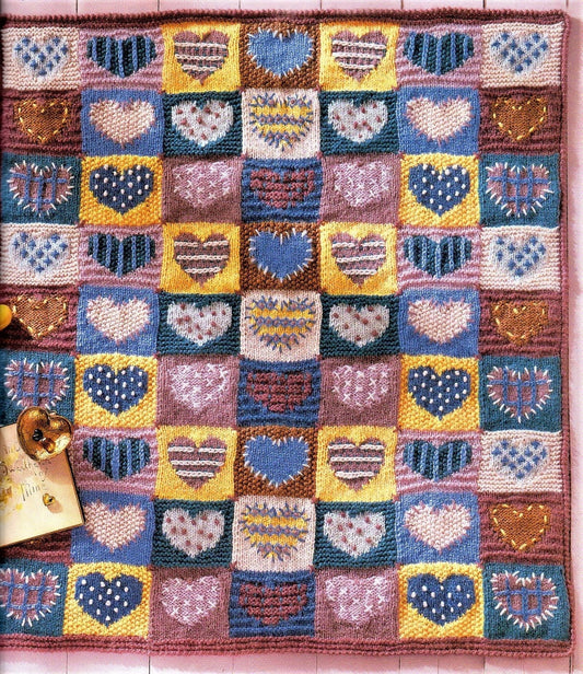 Vintage Knitting Pattern Knit Country Hearts Patchwork Sampler Baby Blanket Afghan PDF Instant Digital Download Nursery Crib Cover Lapghan