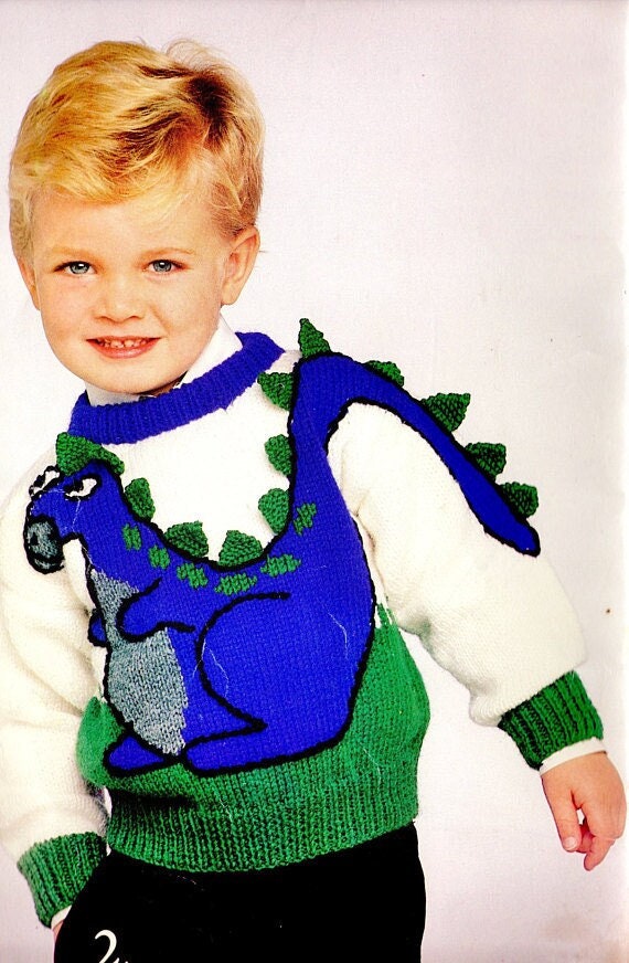 Vintage Knitting Pattern Kids Boys Dinosaur Sweater PDF Instant Digital Download Animal Dino Motif Pullover 3-D Tail Spikes 2-6 yrs 10 Ply