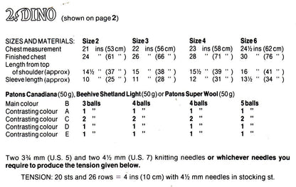 Vintage Knitting Pattern Kids Boys Dinosaur Sweater PDF Instant Digital Download Animal Dino Motif Pullover 3-D Tail Spikes 2-6 yrs 10 Ply