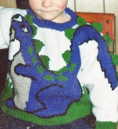Vintage Knitting Pattern Kids Boys Dinosaur Sweater PDF Instant Digital Download Animal Dino Motif Pullover 3-D Tail Spikes 2-6 yrs 10 Ply