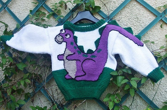 Vintage Knitting Pattern Kids Boys Dinosaur Sweater PDF Instant Digital Download Animal Dino Motif Pullover 3-D Tail Spikes 2-6 yrs 10 Ply