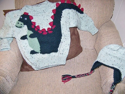 Vintage Knitting Pattern Kids Boys Dinosaur Sweater PDF Instant Digital Download Animal Dino Motif Pullover 3-D Tail Spikes 2-6 yrs 10 Ply