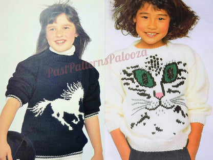 Vintage Knitting Pattern Childs Kids Knit Animal Sweaters PDF Instant Digital Download Dinosaur Sheep Cat Face Scottie Dog Jumper 10 Ply
