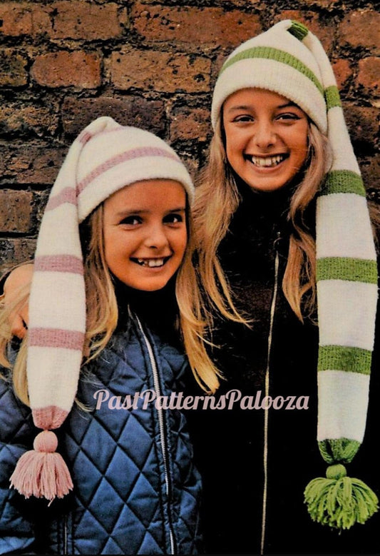 Vintage Knitting Pattern Childs Girls Long Striped Stocking Cap Hat PDF Instant Digital Download Quick Easy Retro Scarf-Hat 4 Ply