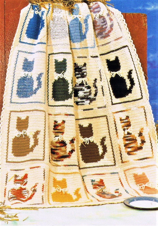 Vintage Crochet Pattern Cat Afghan PDF Instant Digital Download Ombre Kitty Cat Bow Ties Blanket Pillow 42x49 DK 4 Ply