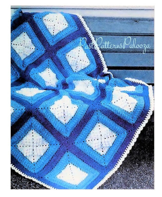 Vintage Crochet Pattern Blue White Popcorn Squares Afghan PDF Instant Digital Download Quick Easy Granny Square Blanket 4 Ply