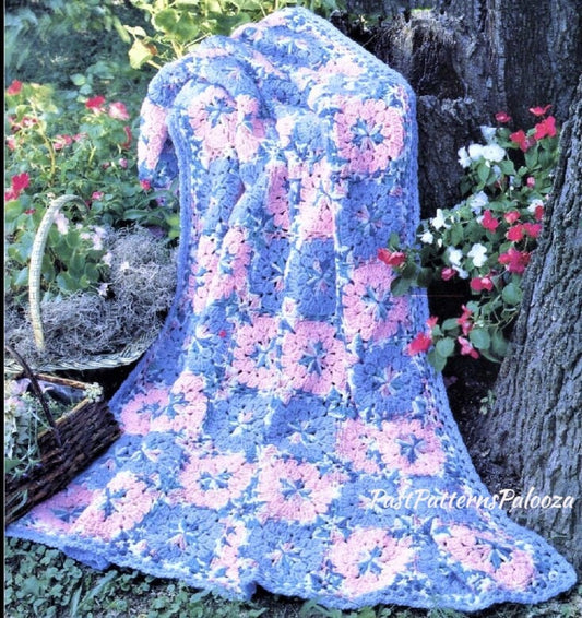 Vintage Crochet Pattern Watercolor Flower Garden Afghan PDF Instant Digital Download Lacy Floral Motif Granny Square Blanket 48x68 10 Ply
