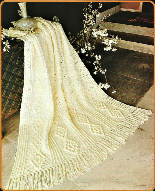 Vintage Crochet Pattern Classic Aran Afghan Paneled Popcorn Diamonds with Fringe PDF Instant Digital Download 10 Ply