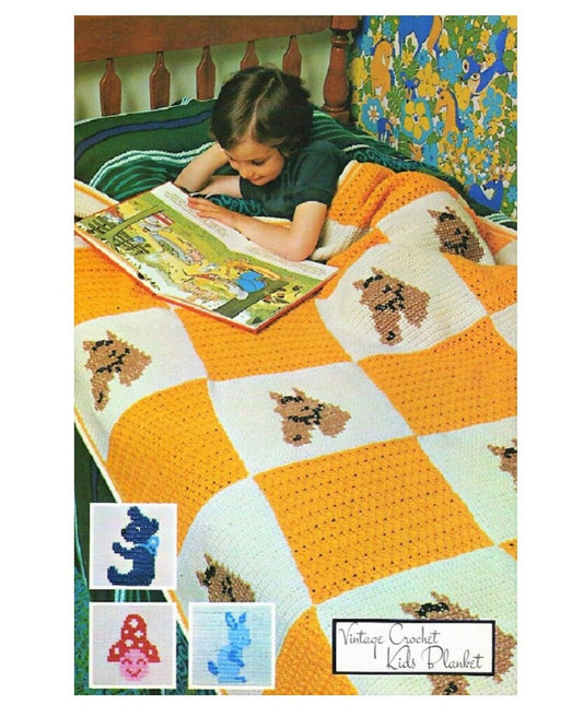 Vintage Crochet Pattern Kids Animal Squares Afghan PDF Instant Digital Download Childrens Horse Bunny Bear Twin Bed Blanket 10 Ply