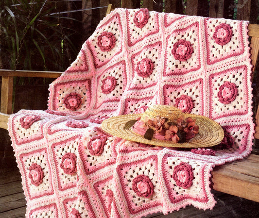 Vintage Crochet Full Bloom Roses Afghan Pattern PDF Instant Digital Download Blooming Floral Motif Squares Flowers Design 43x52