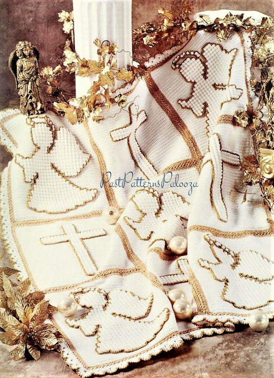 Vintage Crochet Pattern Angels Crosses Afghan PDF Instant Digital Download Religious Motif Throw Blanket 53x61