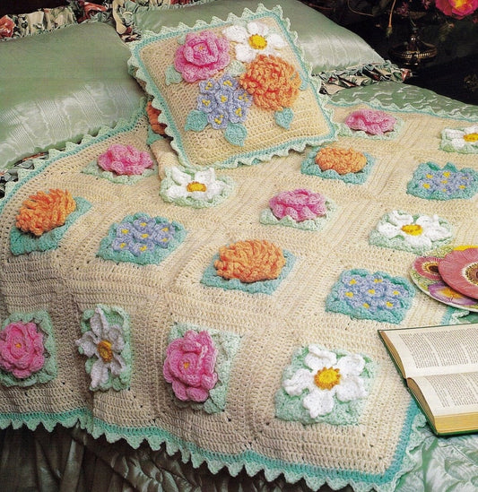 Vintage Crochet Pattern Grannys Pretty Flower Garden Afghan & Pillow Set PDF Instant Digital Download Beautiful Flower Field Squares 10 Ply