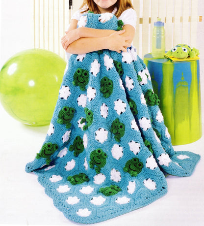 Vintage Crochet Kids Frog Frenzy Afghan Pattern PDF Instant Digital Download Froggie Lily Pads Floral Motifs Animal Afghan Patchwork E4
