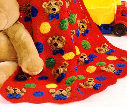 Vintage Crochet Pattern Teddy Bear Faces Motifs Afghan PDF Instant Digital Download Bears & Dots Throw Blanket 43x60 10 Ply