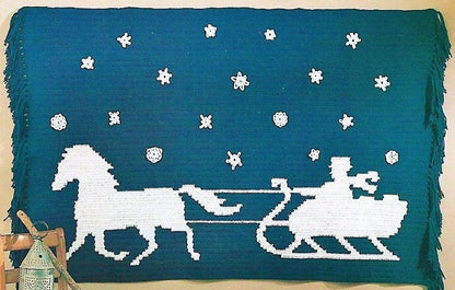 Vintage Crochet Pattern One Horse Open Sleigh Christmas Afghan Snowy Night Currier and Ives Style PDF Instant Digital Download 64x38 4 Ply