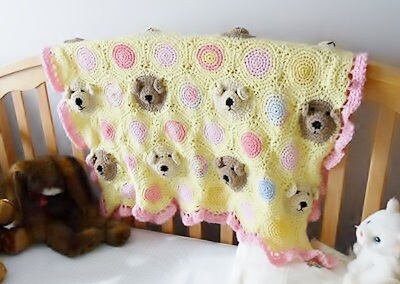 Vintage Crochet Pattern Teddy Bear Faces Motifs Afghan PDF Instant Digital Download Bears & Dots Throw Blanket 43x60 10 Ply