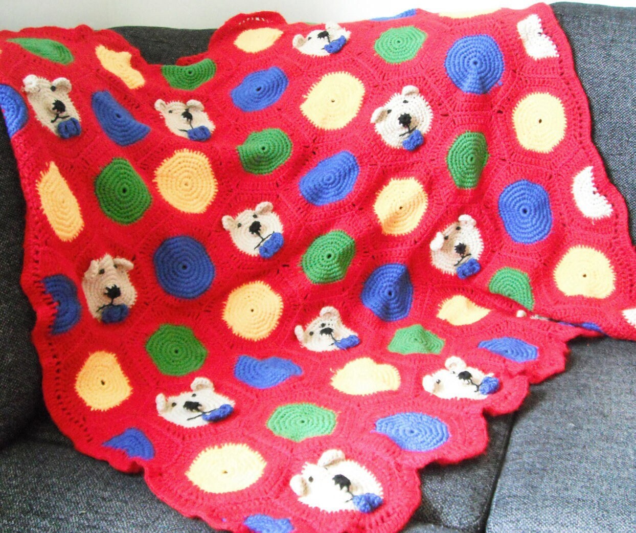 Vintage Crochet Pattern Teddy Bear Faces Motifs Afghan PDF Instant Digital Download Bears & Dots Throw Blanket 43x60 10 Ply