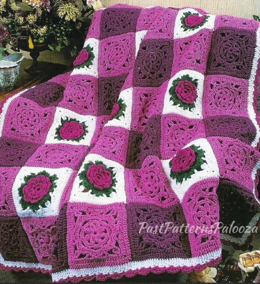 Vintage Crochet Pattern Gingham & Roses Granny Squares Afghan PDF Instant Digital Download Checked Flowers Throw Blanket 48x61 10 Ply