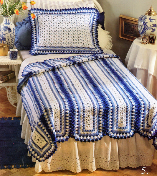 Vintage Crochet Ming Blue Vase Panel Afghan Pattern PDF Instant Digital Download Twin Double Queen Bed Blanket & Matching Pillow Sham 10 Ply
