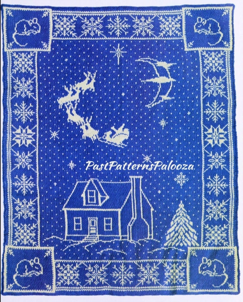 Vintage Knitting Pattern The Night Before Christmas Sky Scene Afghan PDF Instant Digital Download Reversible Fair Isle  Blanket 10 Ply