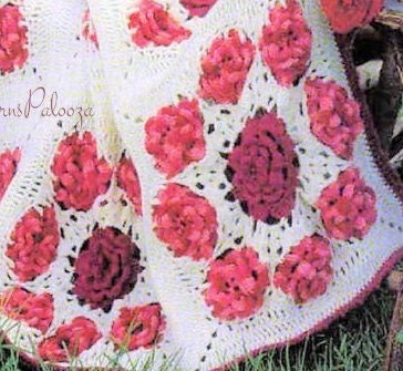Vintage Crochet Pattern Ring Around A Rose Afghan PDF Instant Digital Download Romantic Pop Out Cabbage Roses Flowers Lacy Blanket 10 Ply