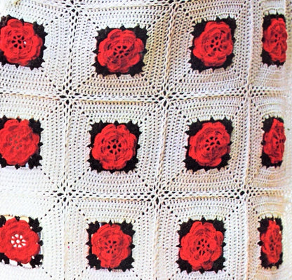 Vintage Crochet Pattern Red Roses Granny Square Afghan PDF Instant Digital Download Classic Fringed Flower Motif Blanket 55x66