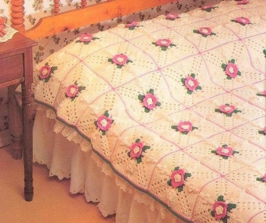 Vintage Crochet Pattern A Bed of Flowers Granny Rose Squares Bedspread Twin Full PDF Instant Digital Download Floral Afghan Blanket 10 Ply
