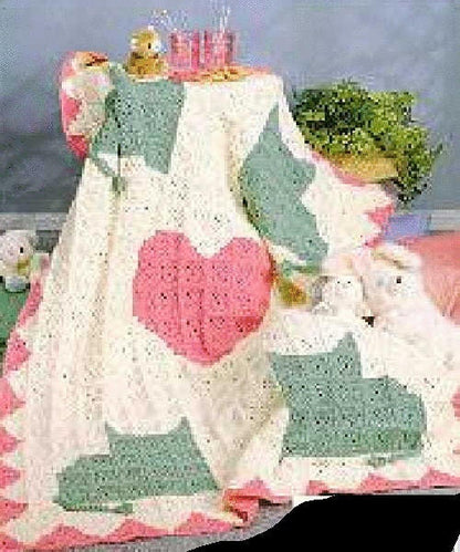 Vintage Crochet Pattern Country Kitty Cats and Heart Afghan PDF Instant Digital Download Cat Motif Throw Blanket 52x70 10 Ply