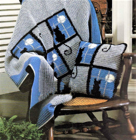 Vintage Crochet Cat In The Window Afghan & Pillow Pattern PDF Instant Digital Download Black Cats Moonlight Windows Motif Square Blanket