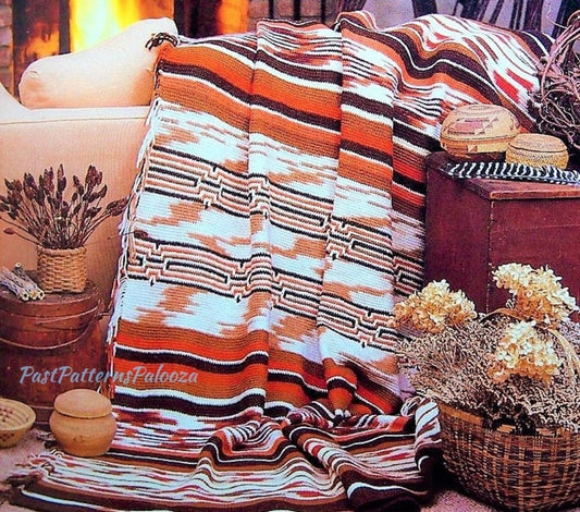 Vintage Crochet Pattern Striped Southwestern Navajo Afghan PDF Instant Digital Download Variegated Indian Throw Blanket 54x72 10 Ply