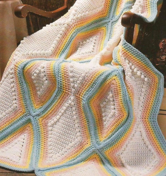 Vintage Crochet Popcorn and Pastel Diamond Strip Geometric Afghan Pattern PDF Instant Digital Download