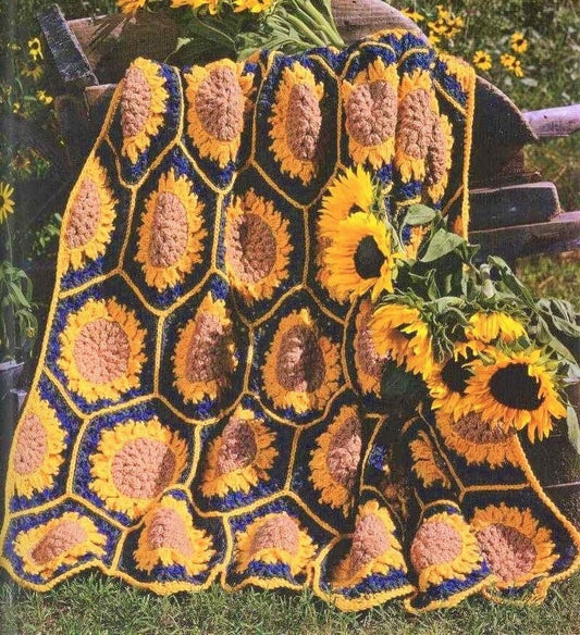 Vintage Crochet Sunflowers Afghan Pattern PDF Instant Digital Download Hexagon Popcorn Stitch Sun Flower Field 46x59
