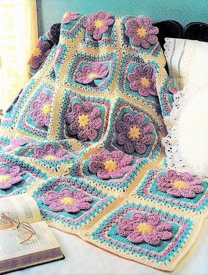 Vintage Crochet Pattern Lavender Flower Patch Afghan PDF Instant Digital Download Retro Floral Granny Square Violets Blanket 50x70 10 Ply