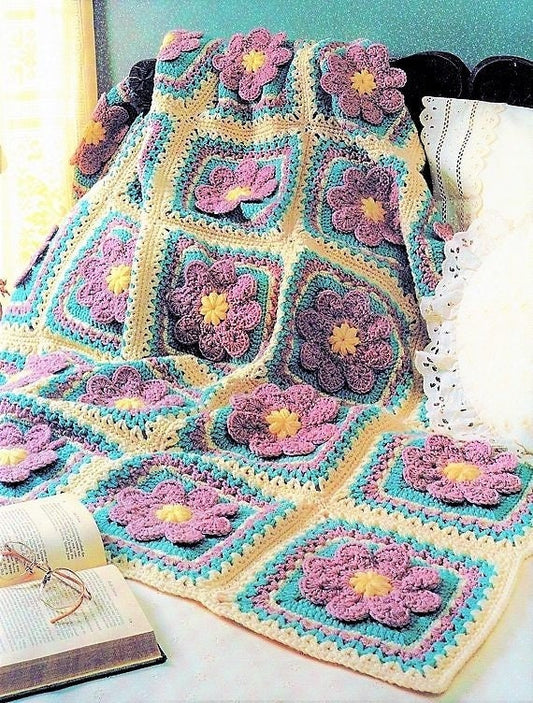 Vintage Crochet Pattern Lavender Flower Patch Afghan PDF Instant Digital Download Retro Floral Granny Square Violets Blanket 50x70 10 Ply