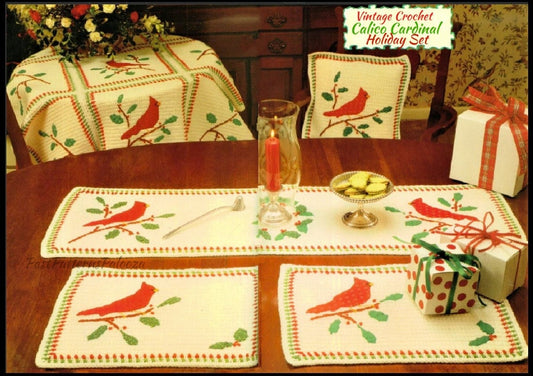 Vintage Crochet Pattern Calico Cardinal Birds Holly Holiday Set Afghan Pillow Table Runner Place Mats Christmas PDF Instant Digital Download