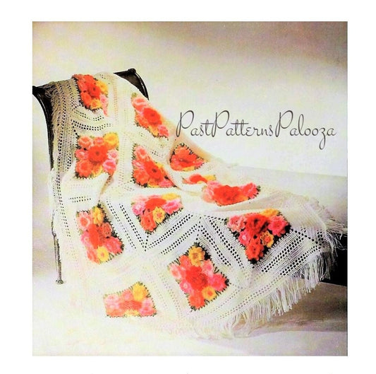 Vintage Crochet Pattern Rose Garden Squares Afghan PDF Instant Digital Download Pop Out Flowers Nine-Rose Motifs Lacy Borders Mohair 10 Ply