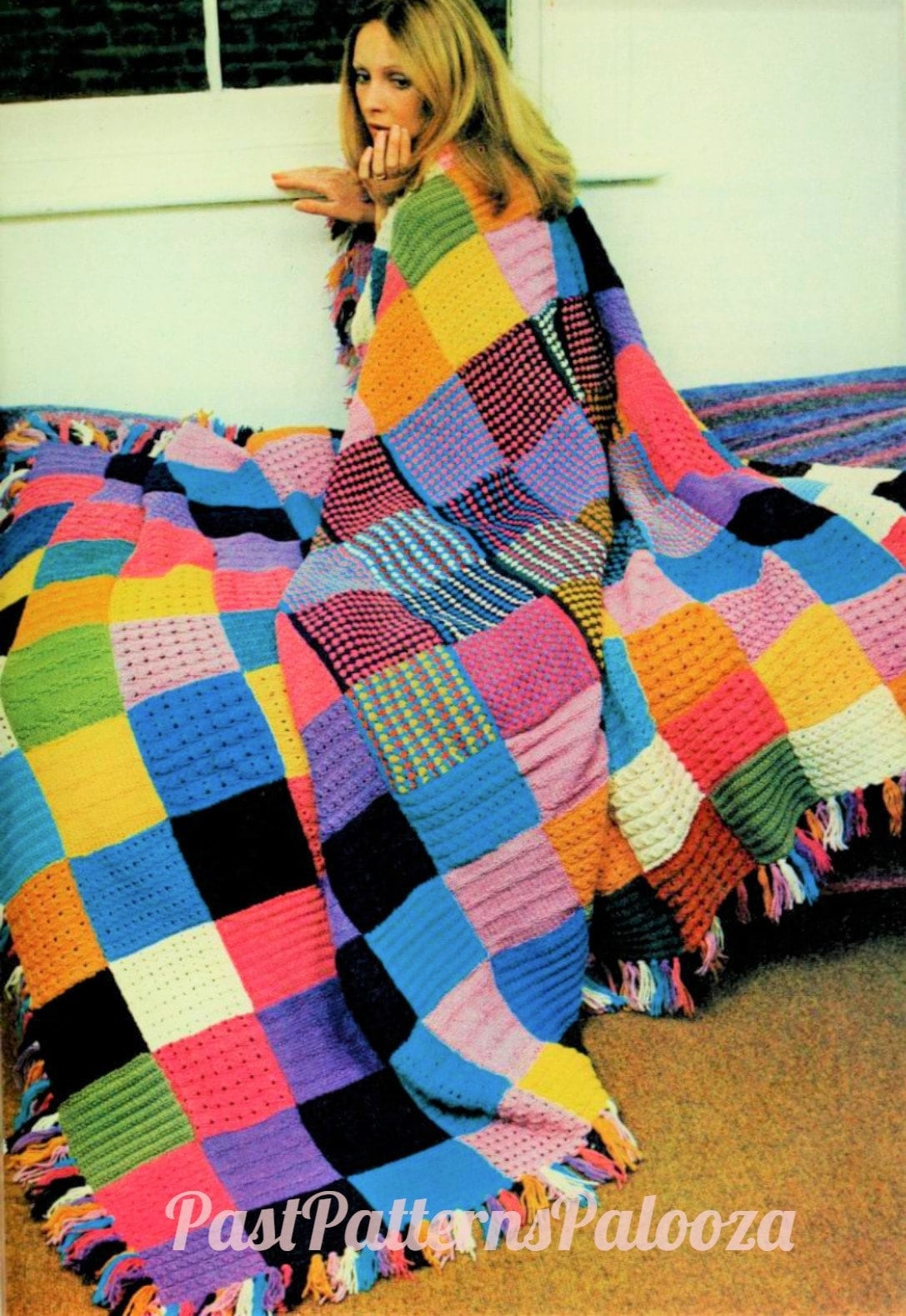 Vintage Knitting Pattern Large Patchwork Squares Sampler Afghan Blanket and Cushion PDF Instant Digital Download DK 8 Ply